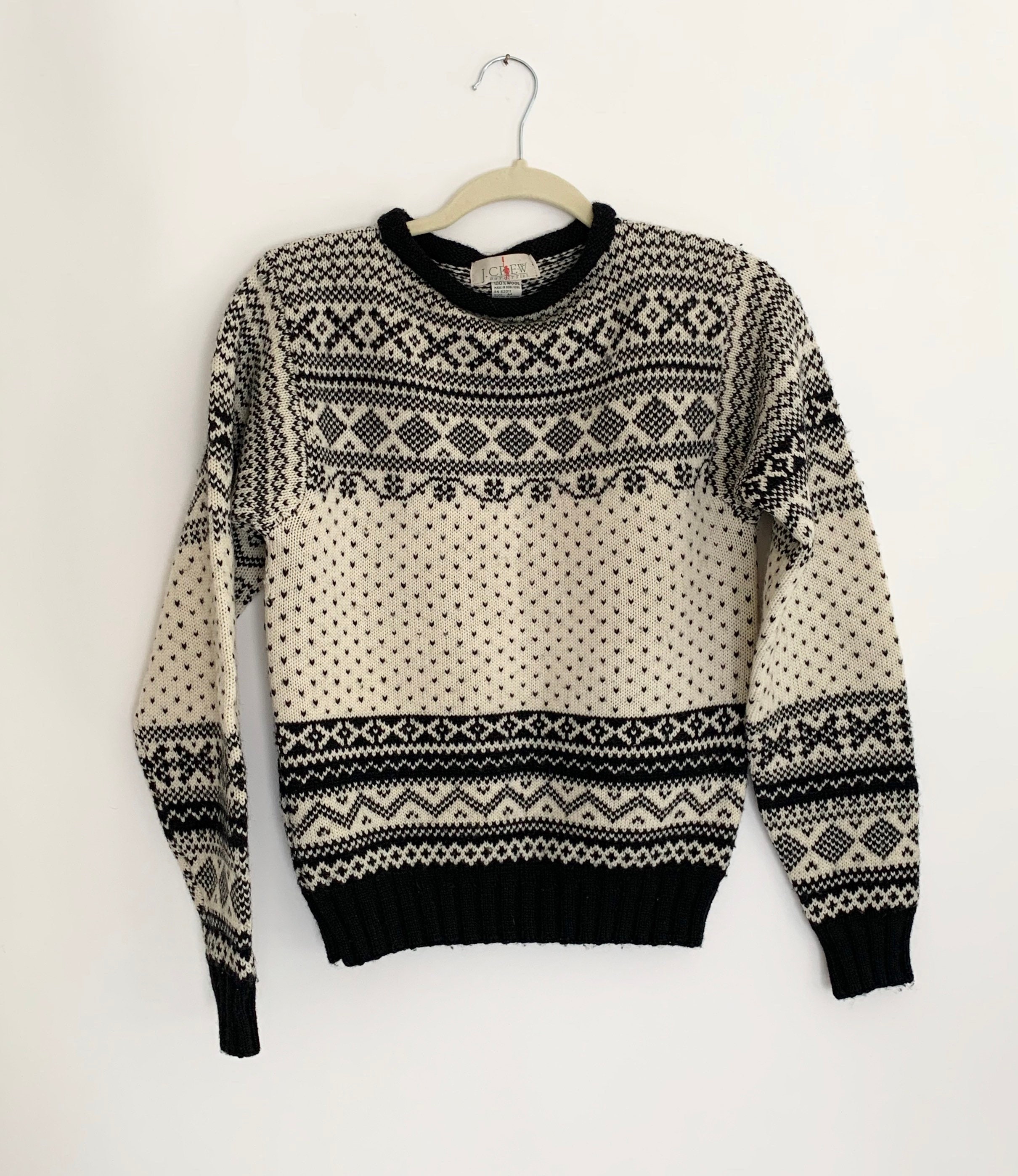 80s JCrew Sweater Fair Isle Geometric Black Natural White Knit Vintage ...