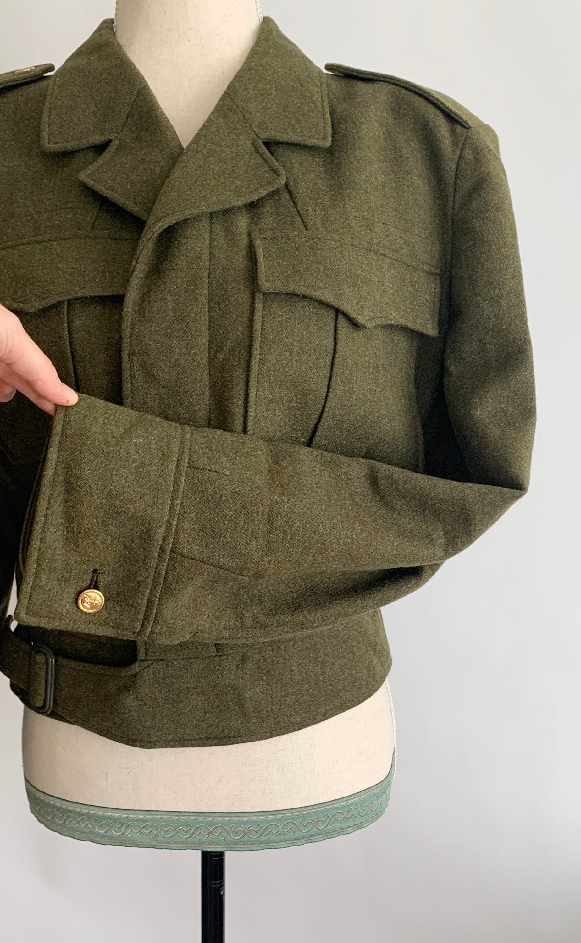 Wool Military Jacket Army Green Olive Coat Cropped Length Vintage