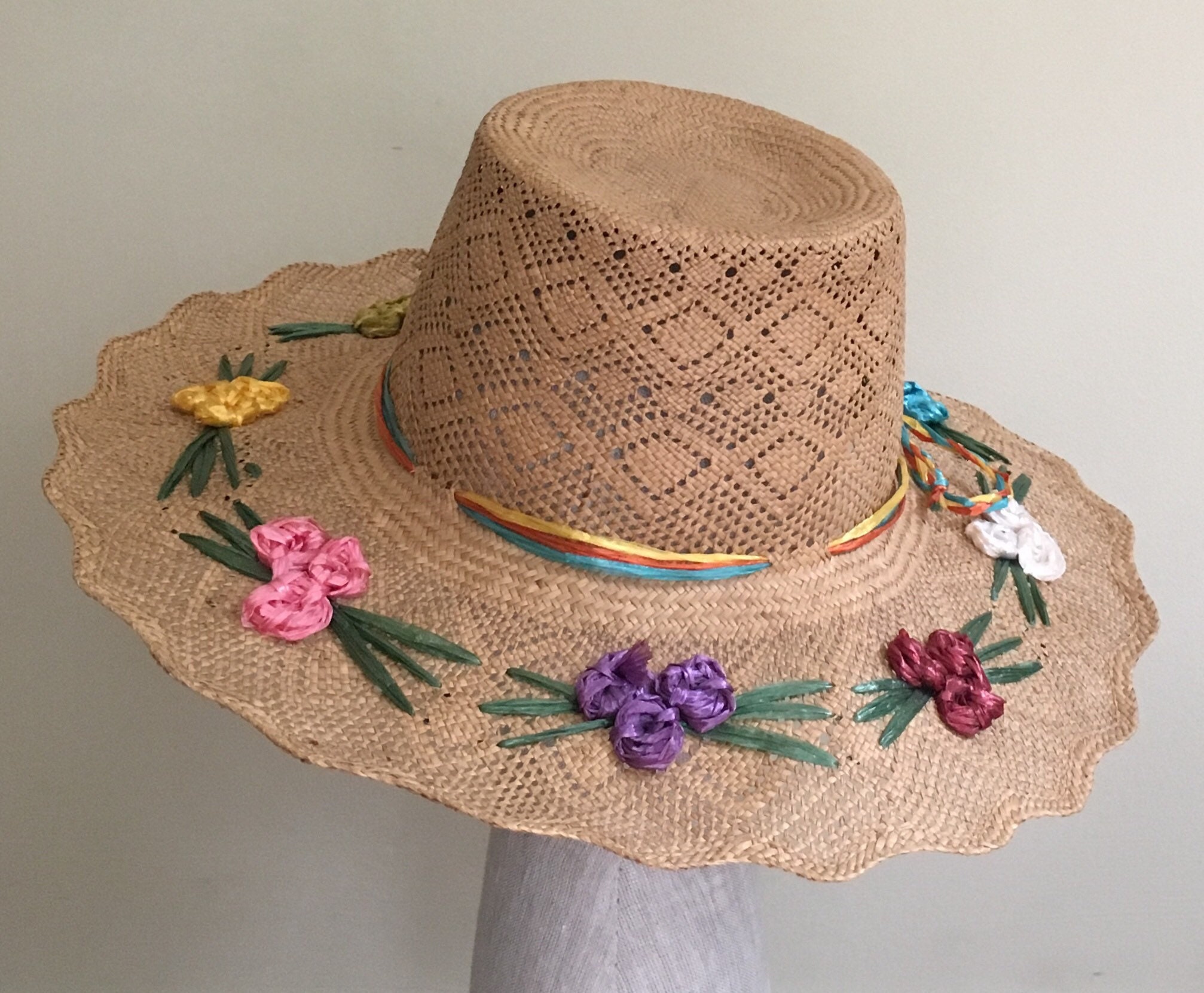 70s Mexican Straw Hat Vintage Sun Boho Beach Wide Brim Embroidered