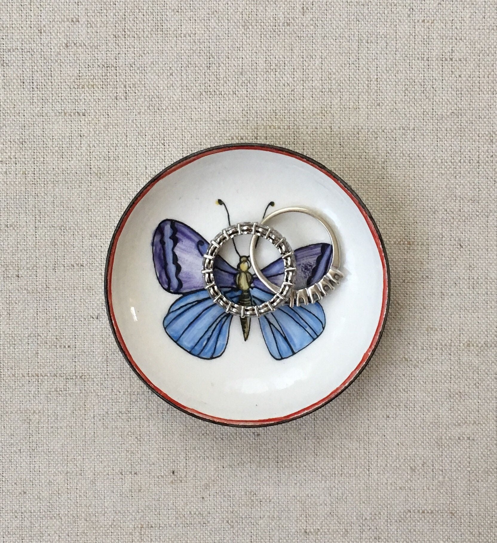 Butterfly Ring Dish Jewelry Box Vintage Enamel Hand Painted Blue and Purple Butterfly
