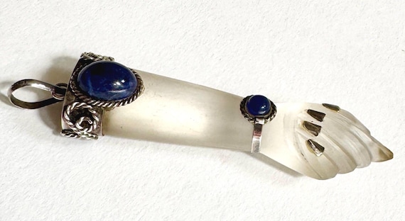Large Vintage Figa Pendant Charm Lapiz Lazuli Stones 900 Silver Closed Hand Fist Mano Figa Good Luck Charm XL