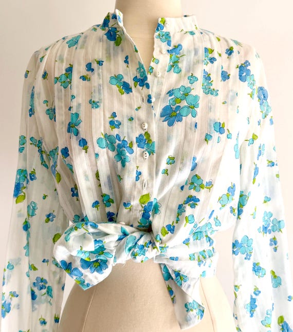 Handmade Floral Prairie Shirt High Neck Button Up Top Lightweight Ditsy Floral Print Ruffle Bib Womens Western Shirt S
