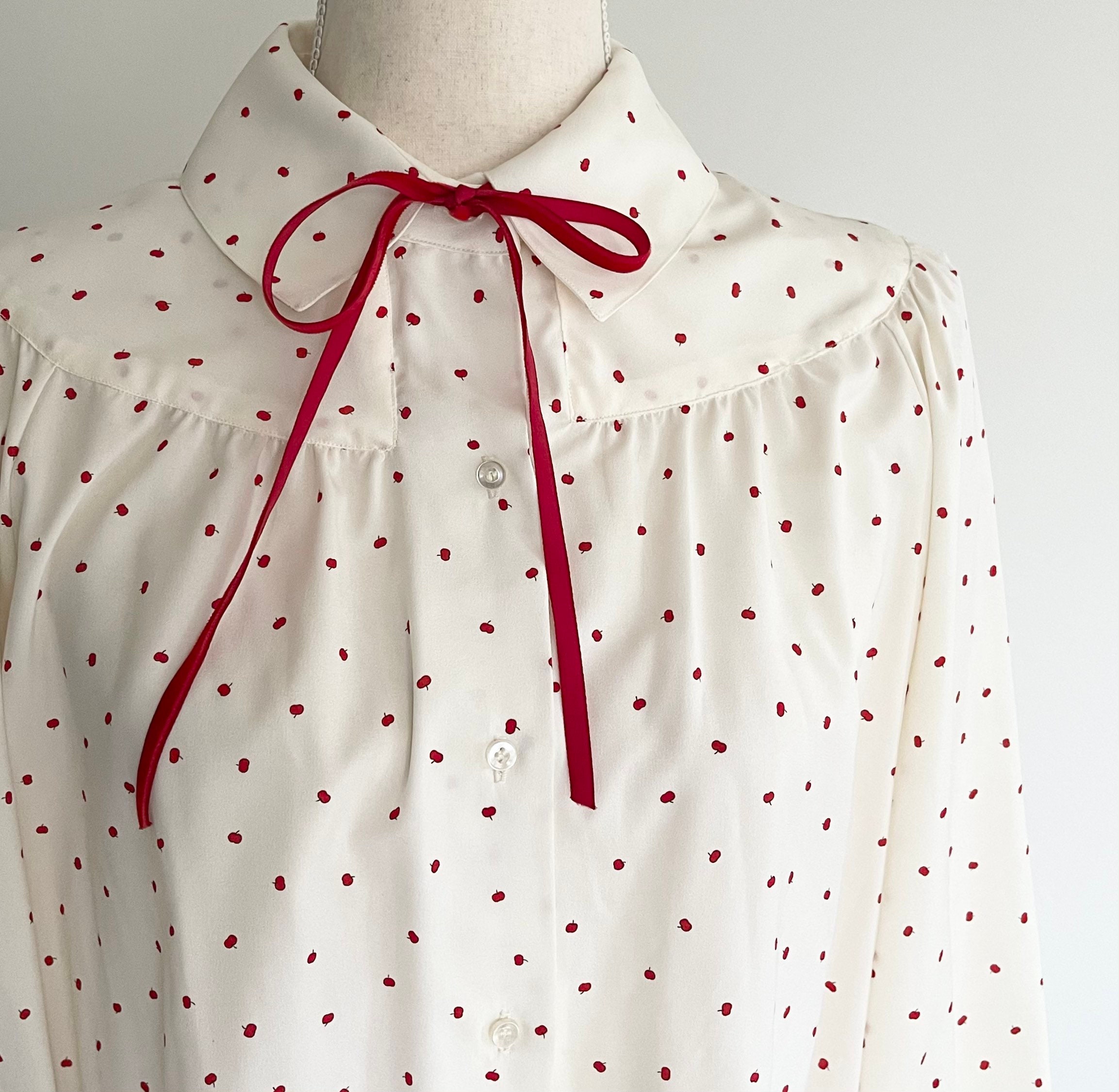 Cherry Print Blouse Top Vintage Button Down Ivory White Small Red ...