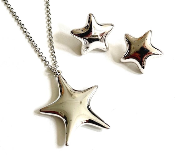Vintage Monet Star Jewelry Set 80s 90s Silver Tone Costume Jewelry Necklace Earrings