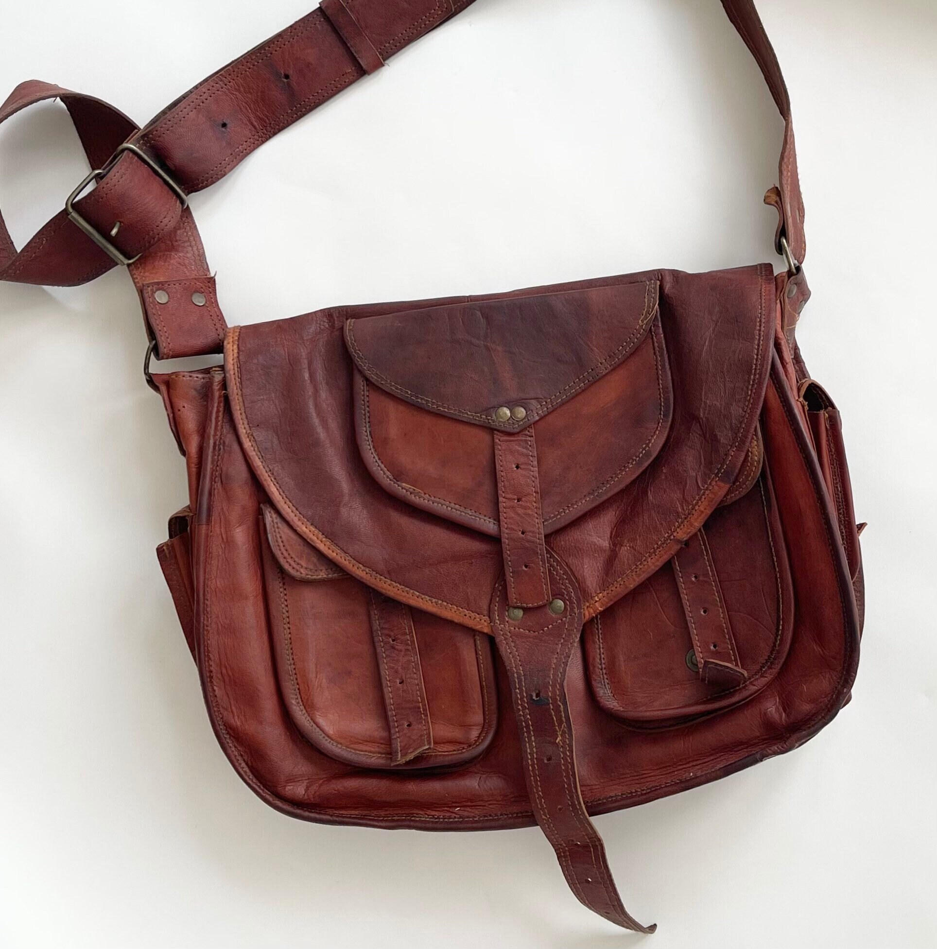 Handsome Oiled Leather Messenger Bag Handmade Vintage Very Worn