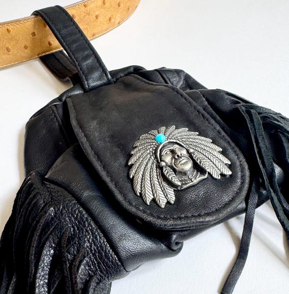 Biker Belt Bag Pouch Vintage Soft Black Leather Bag Fringe Trim Silver Faux Turquoise Native American Chief Head