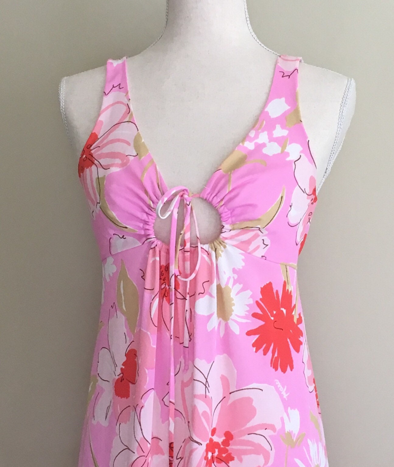 Long Pink Floral Nightgown Slip Nightie Vintage 50s Miss Elaine Keyhole ...
