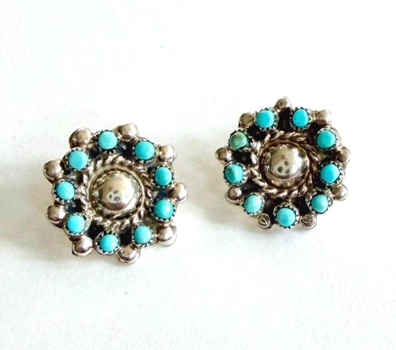 Signed Vintage Zuni Snake Eye Turquoise Earrings Round Sterling Silver Studs