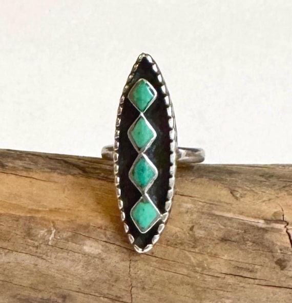 Zuni Turquoise Inlay Ring Vintage 40s Native American Old Pawn Jewelry Geometric Square Diamond Inlay Long Size 5.25