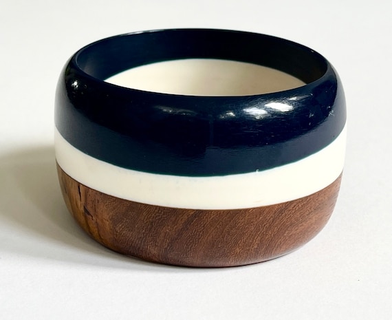 Vintage Wood Bangle Bracelet Navy Blue White Resin Striped Vintage Oversized Wide Bracelet