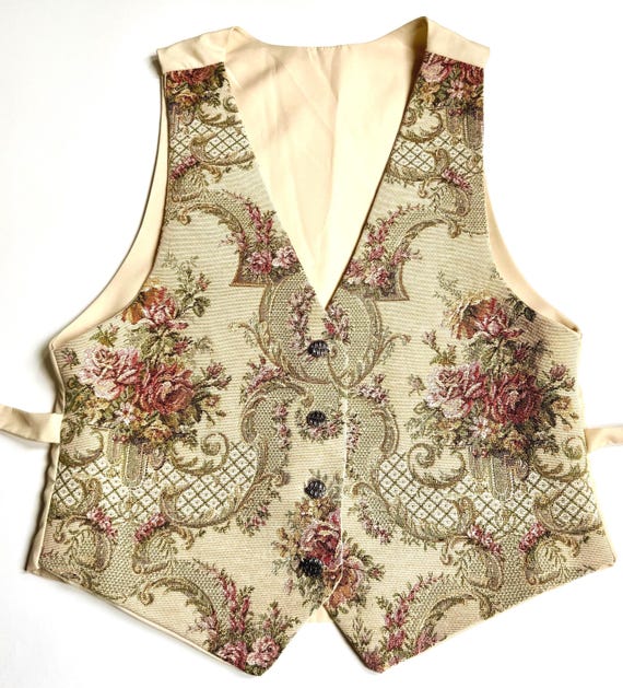 Vintage Floral Tapestry Vest Waistcoat Made in USA 80s 90s Vintage Sweet & Sassy Needlepoint Style Pastel Rose Flowers Cottage Core
