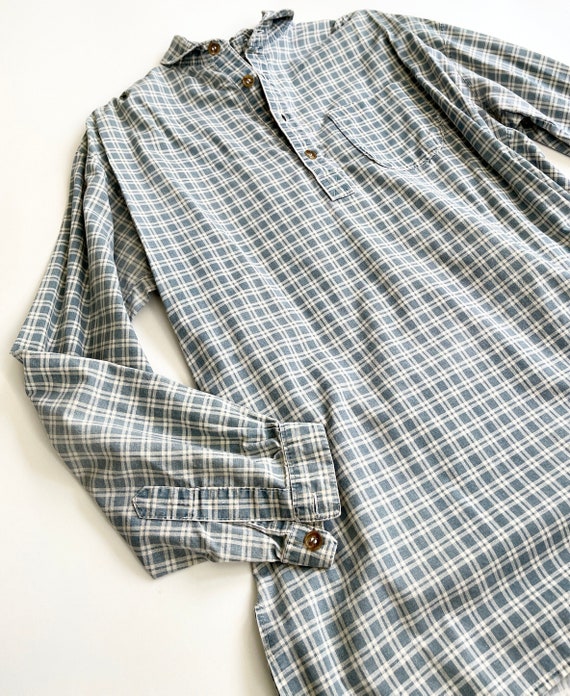 Men's Antique Cotton Tunic Shirt Handmade Peasant Workwear Chore Utility Shirt Farm Soft and Worn Light Blue Natural White Plaid Check