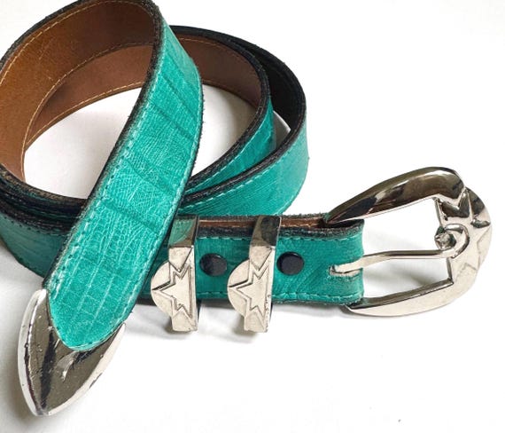 Vintage Turquoise Western Belt Reptile Embossed Leather Strap