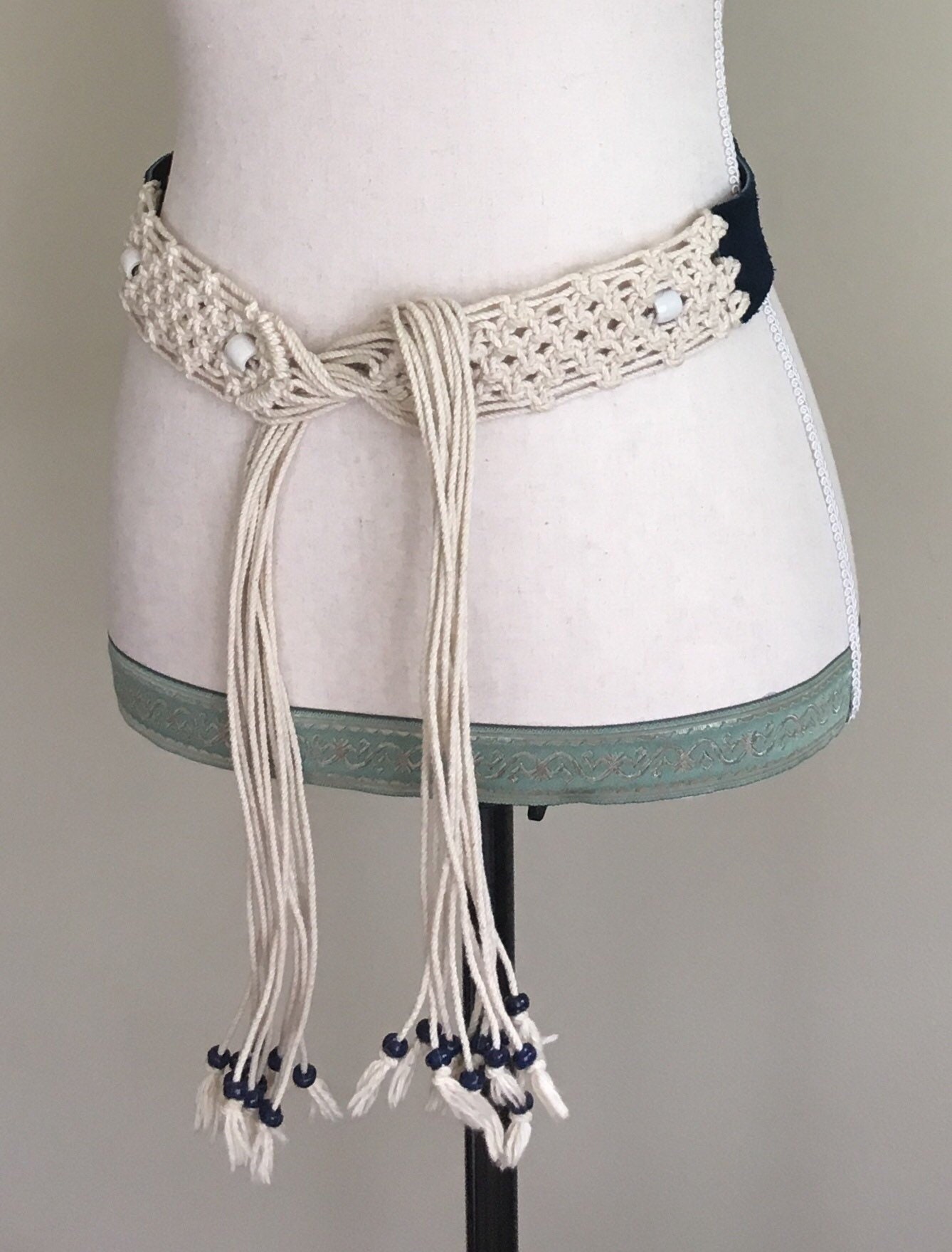 70s Macrame Fringe Belt Tie Waist with Suede and Bead Details Belt ...