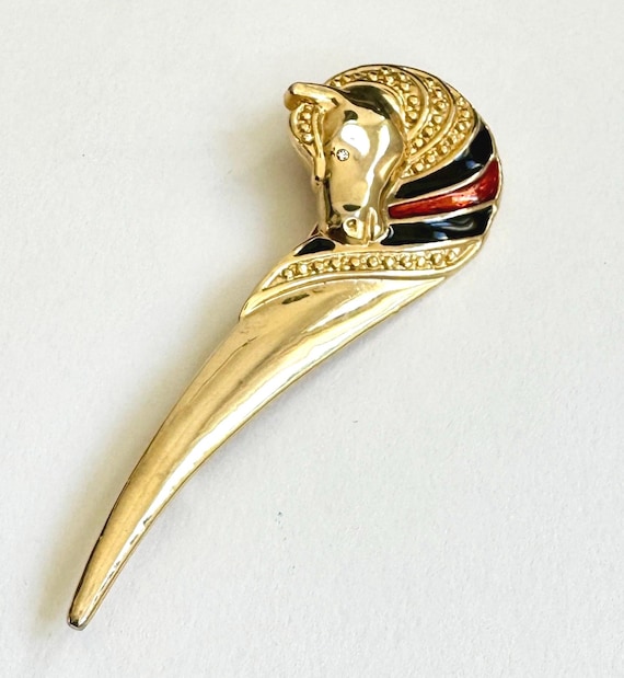 Gold Horse Head Brooch Pin Vintage French 80s Gold Tone Costume Jewelry Enamel Crystal Eye Equestrian Horse Lover Rider Gift