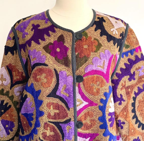 Embroidered Silk Jacket Vintage Suzani Tribal Boho Floral Medallion Mandala Embroidery Collarless Neckline