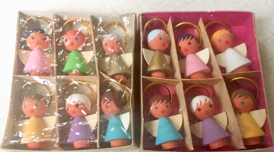 Miniature Polish Wooden Angels Angel Figurines Set Lot of 12 Original