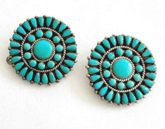 Needlepoint Turquoise Cluster Earrings Signed Paylusi Vintage Native American Zuni Sterling Silver Petit Point Set Clip On Circle Round