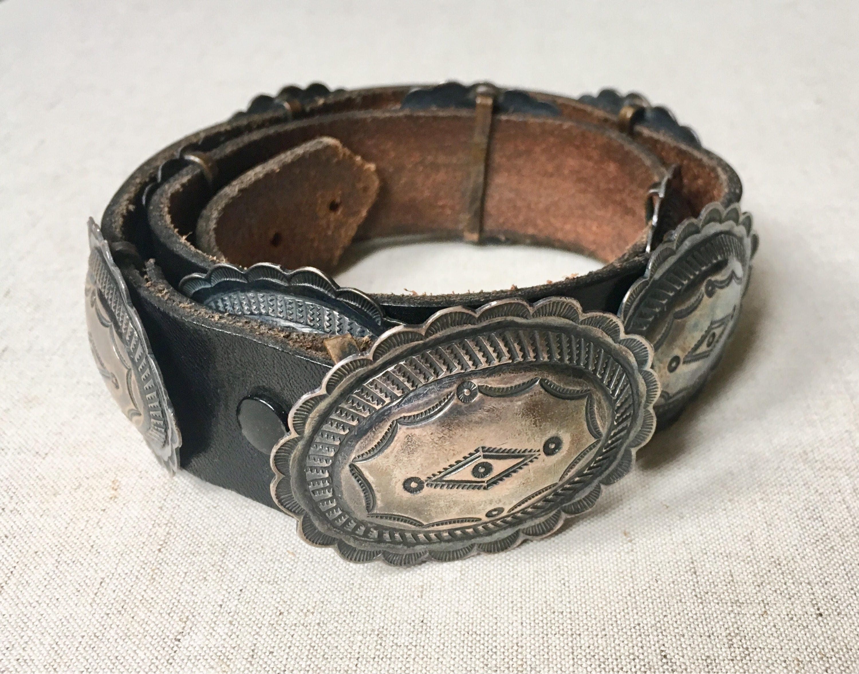 Vintage Sterling Silver Concho Belt Native American Navajo SIGNED by Artist