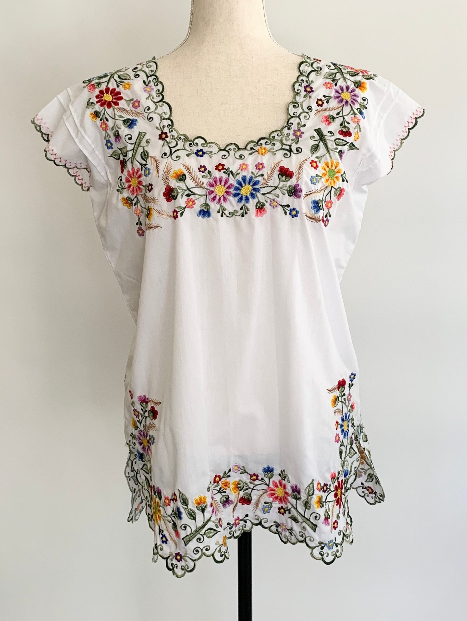 Embroidered Mexican Tunic Top Vintage White Cotton Blend Floral ...