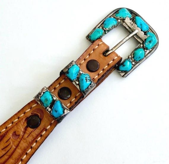 Vintage Navajo Sterling Silver Turquoise Buckle Western Tooled Leather Belt Strap Signed Angie C