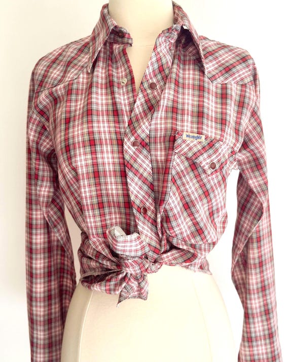 Vintage Wrangler Western Snap Shirt 70s Red White Plaid Made in USA