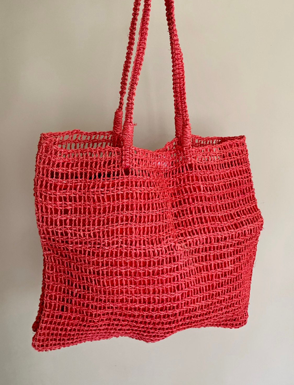 Open Weave Straw Bag Purse Tote Vintage Woven Coral Red Summer Spring ...