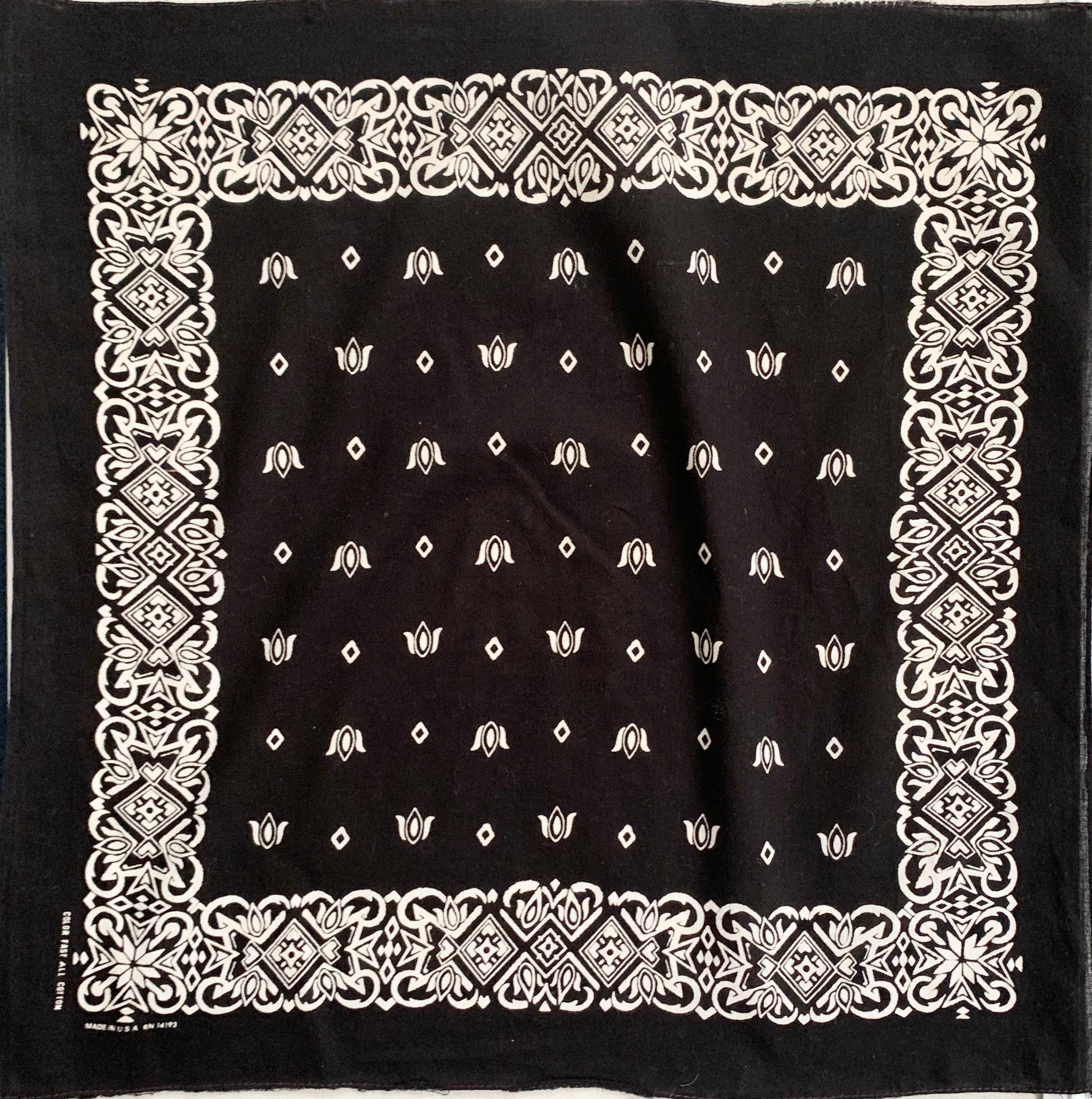 60s Black White Bandana Cotton Bandana Vintage Color Fast Geometric