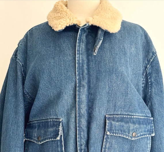 Polo Shearling Denim Jacket Bomber Vintage Polo by Ralph Lauren Medium Wash Denim Jean Shearling Collar Coat Red Felt Lining