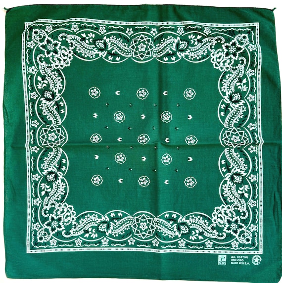 Vintage 80s Green Bandana 100% Cotton Floral Paisley Print Made in USA by Paris Accessories