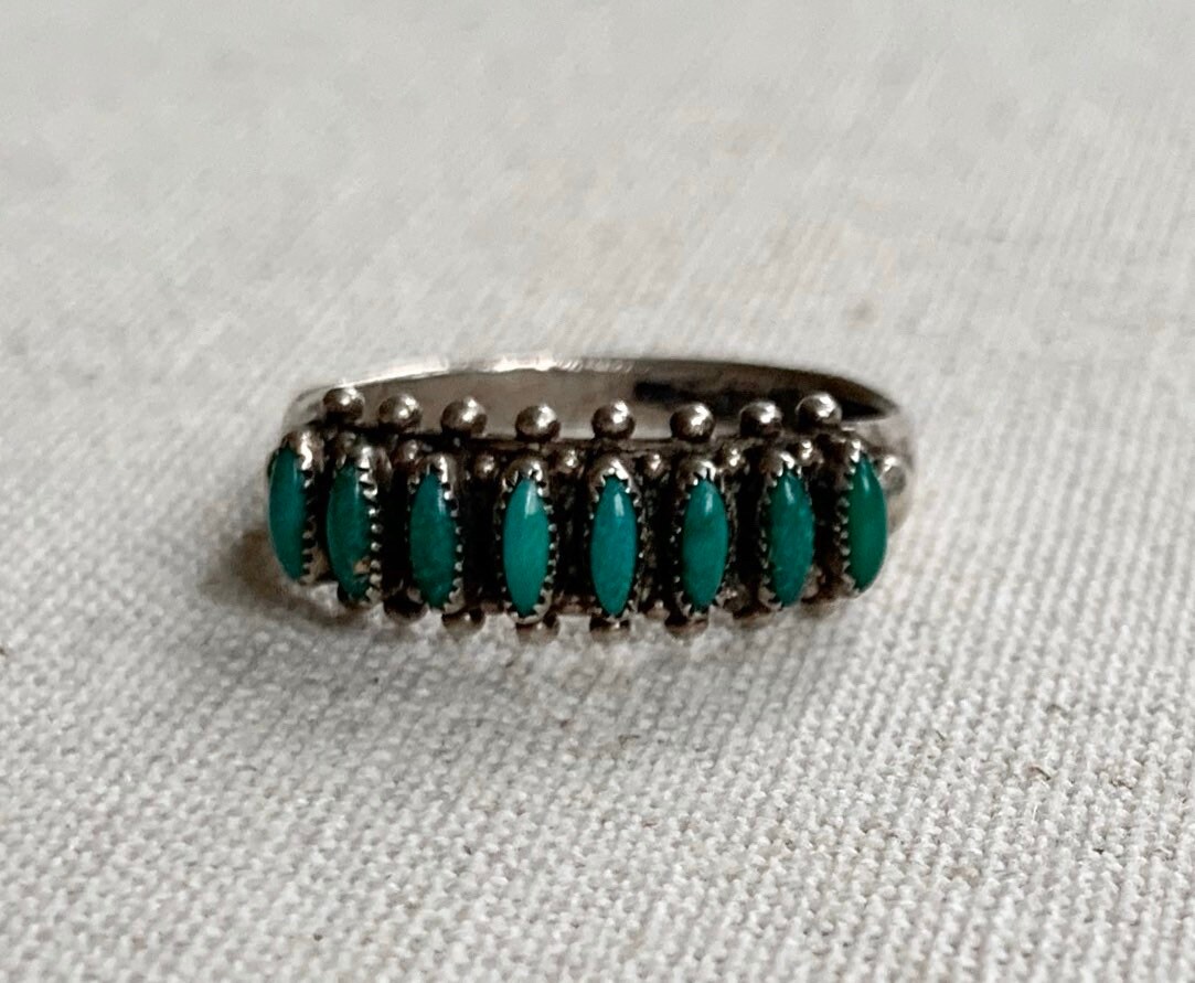 Zuni Needlepoint Turquoise Ring Band Vintage Native American Sterling