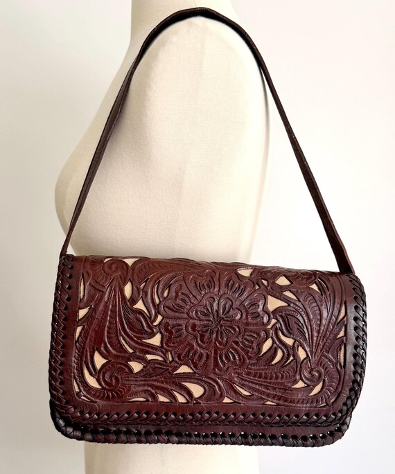 Vintage Floral Tooled Leather Bag Handmade in Mexico by Alcala