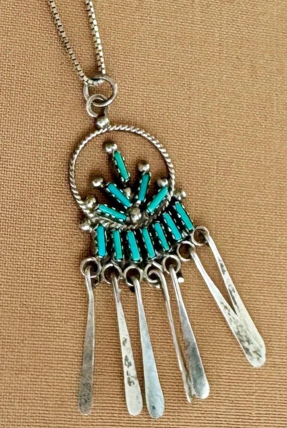 Delicate Zuni Turquoise Necklace Pendant Fine Needlepoint Petit Point Stones Vintage Native American Sterling Silver Turquoise Cluster