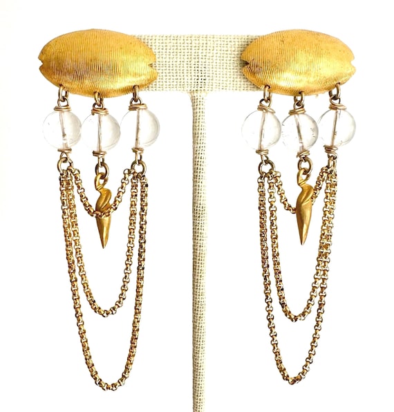 Celia Landman Earrings Extra Long Oversized Textured Gold Clear Beads Gold Chain Dangle Waterfall Vintage Designer Costume Jewelry