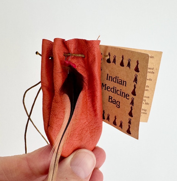 Soft Deerskin Medicine Bag Pouch Vintage Native American Necklace Handmade Soft Leather Feather Red Coral Nugget
