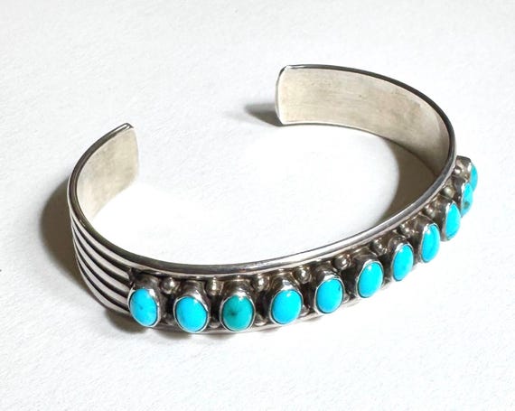 Signed Navajo Turquoise Cuff Bracelet Native American Handmade Sterling Silver
