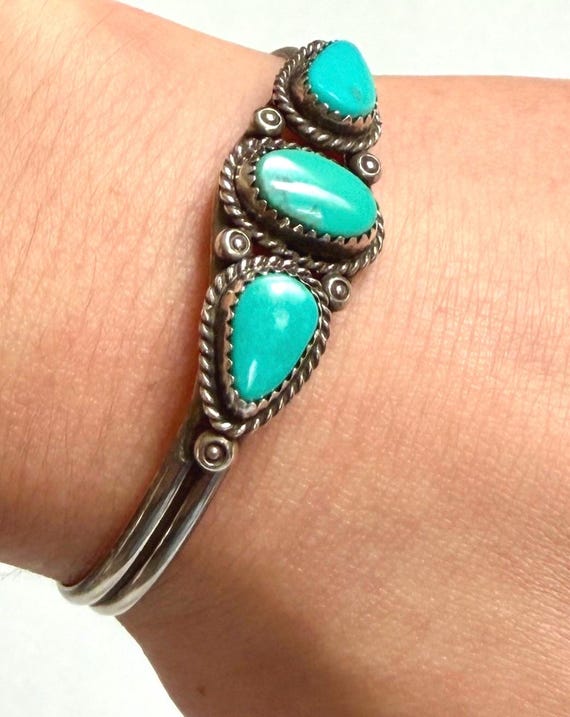 Vintage Navajo Turquoise Cuff Bracelet 60s 70s Native American Handcrafted Sterling Silver