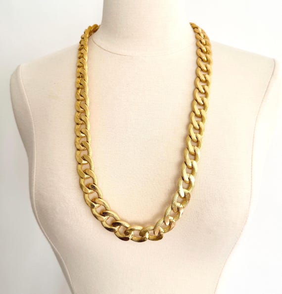 Snake Embossed Gold Chain Link Necklace Vintage 80s Chunky Links Long 32" Statement Necklace