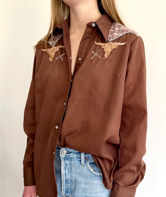 Vintage Rockmount Western Pearl Snap Shirt Short Horn Bull Head Appliqué