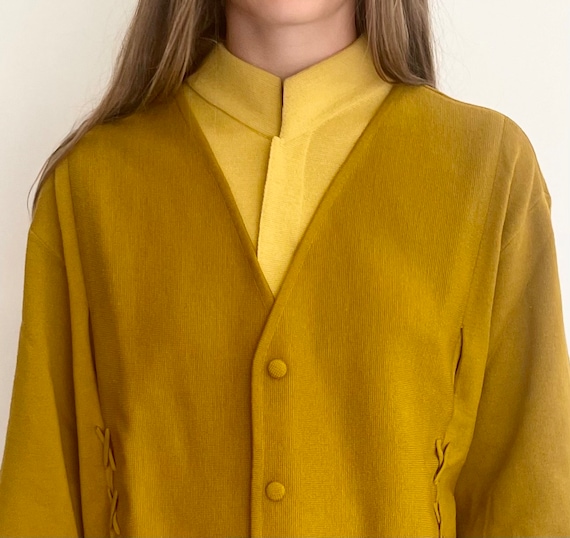 Museum Worthy Oleg Cassini Sweater Cardigan Made in Italy Vintage 50s 60s Mod Mid Century Mustard Yellow Knit Wool Collectible Designer