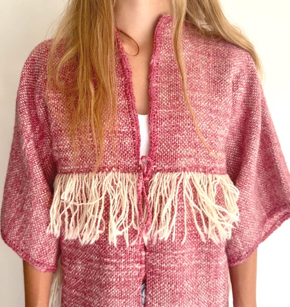 Southwest Handwoven Wool Jacket Sweater Coat Fringe Trim Rose Pink Natural White Vintage New Mexico Estate Possibly Native American XXS XS