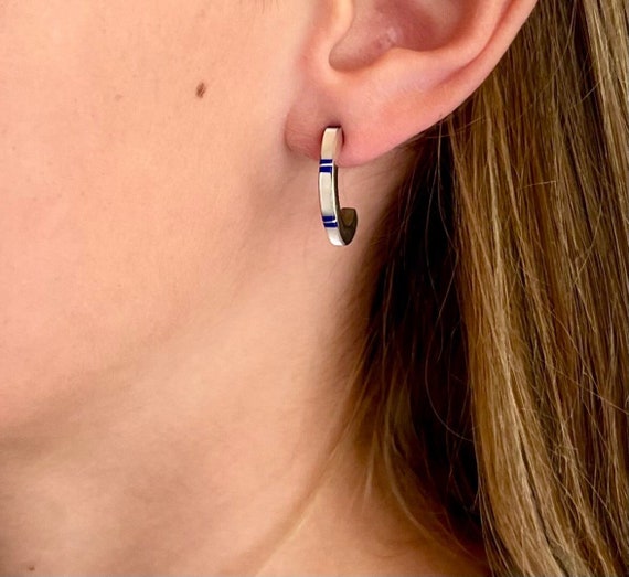 Zuni Hoop Earrings Sterling Silver Mother of Pearl Lapis Lazuli Flush Inlay Vintage Native American Handcrafted Small Half Hoops Semi Circle