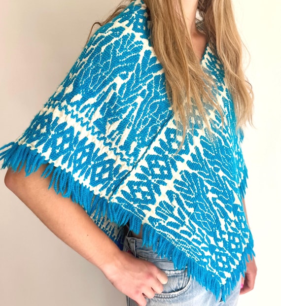 Vintage Embroidered Cotton Poncho Cover Up Topper Top Vintage Mexican South American Peruvian Gauzy Natural White Turquoise Hippie Folk
