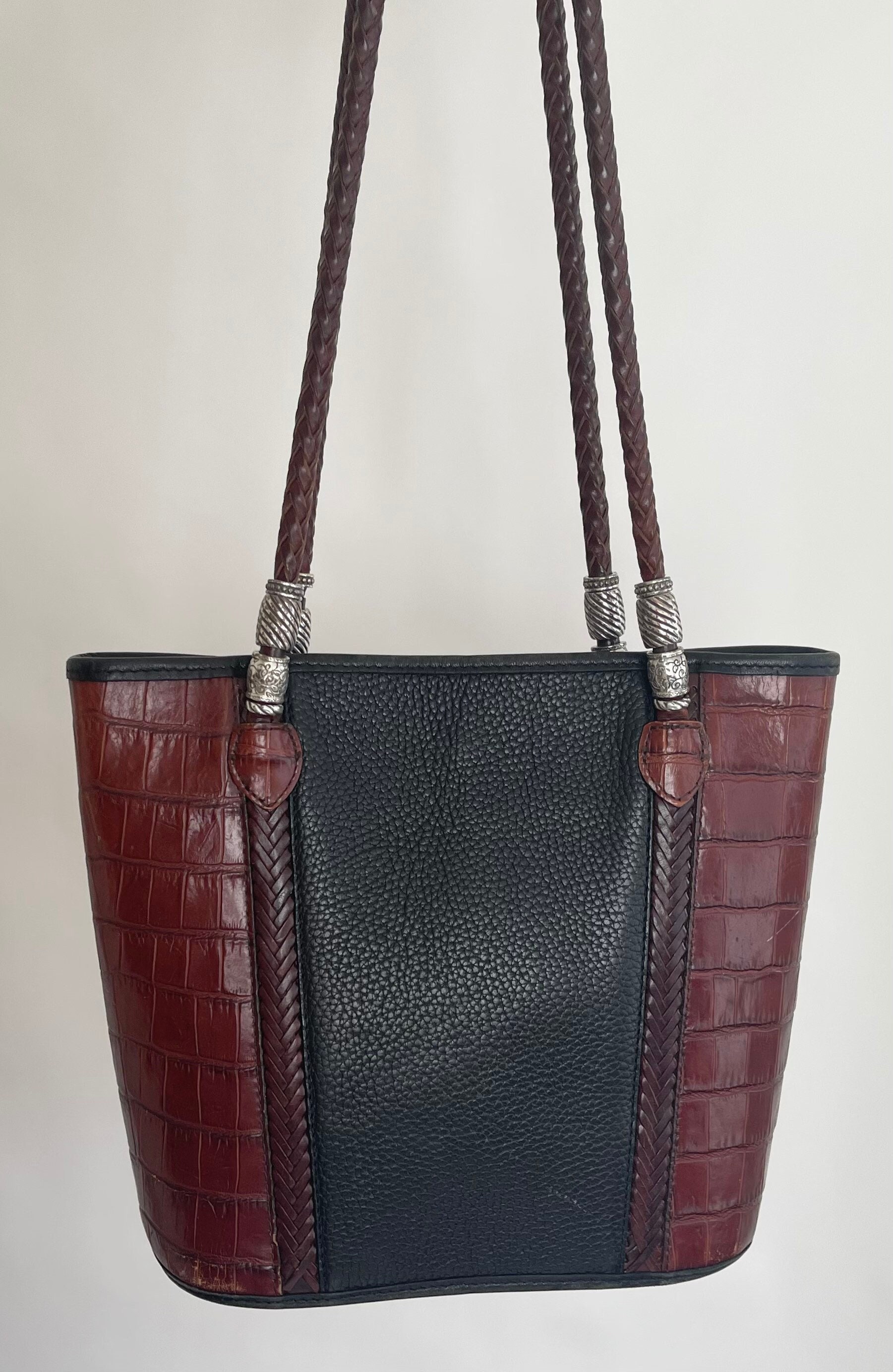 Brighton Top Handle Bag Tote Purse Vintage Pebbled Black Leather Croco ...