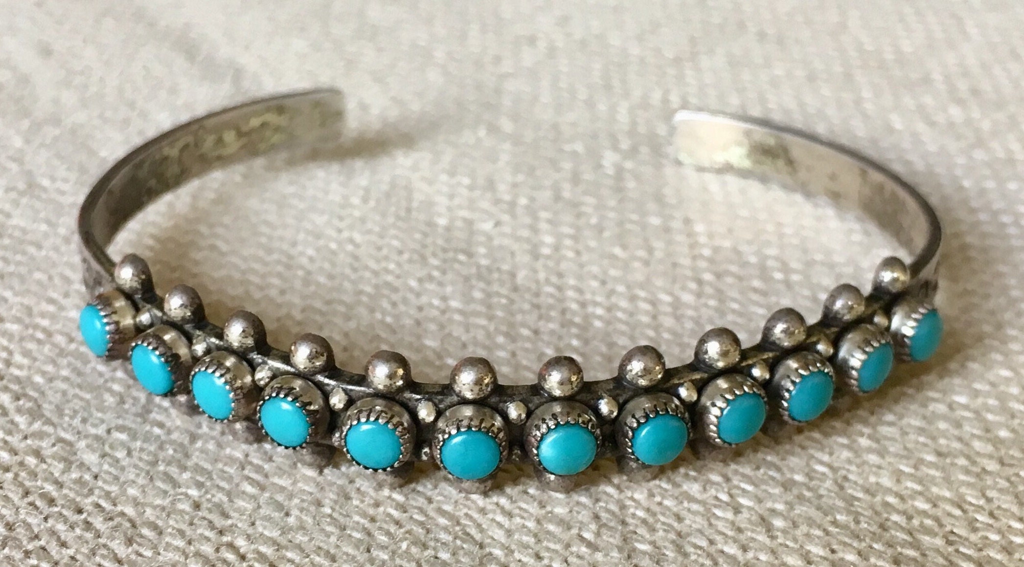 Vintage Turquoise Bracelet Cuff Native American Zuni Sterling Silver Snake Eyes Petit Point