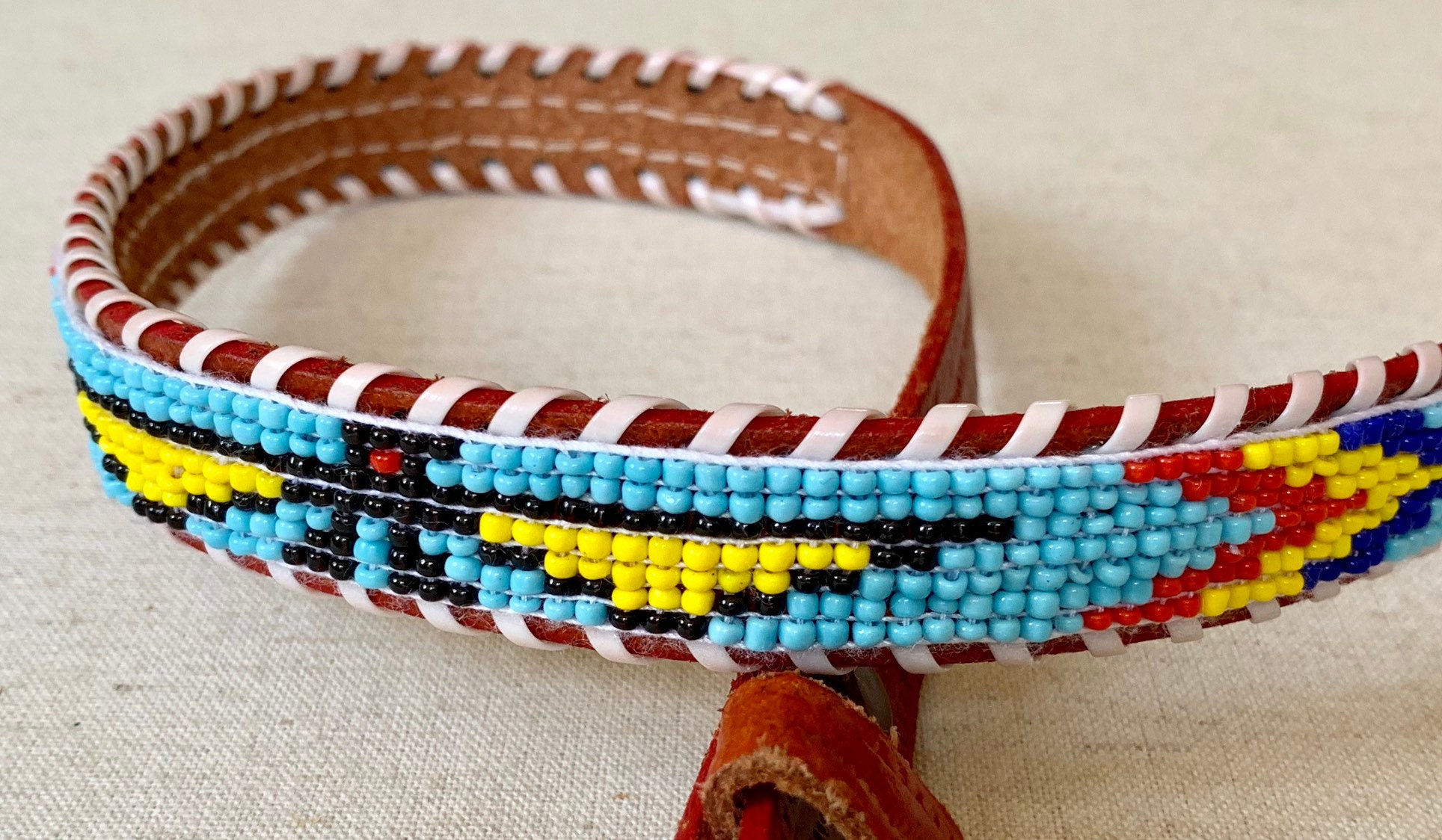 Beaded Thunderbird Leather Belt Southwest Style Seed Bead Beadwork