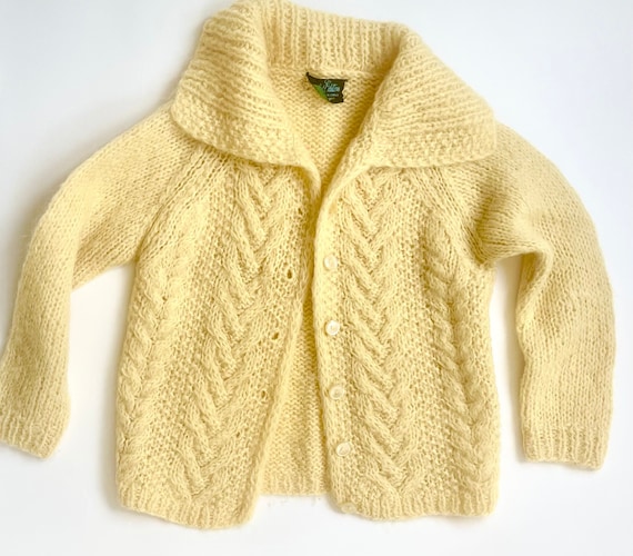 Italian Yellow Wool Sweater Cardigan Shawl Neck Handmade in Italy by Helen Harper Limited Edition Fluffy Light Pale Lemon Yellow