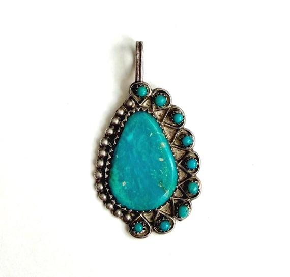 Vintage Native American Turquoise Pendant Sterling Silver Signed JJ Zuni
