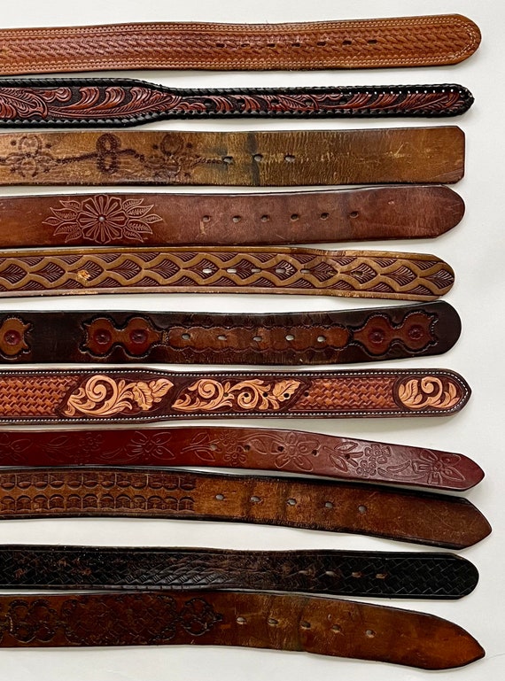 Western Tooled Leather Belt Distressed Leather Go… - image 7