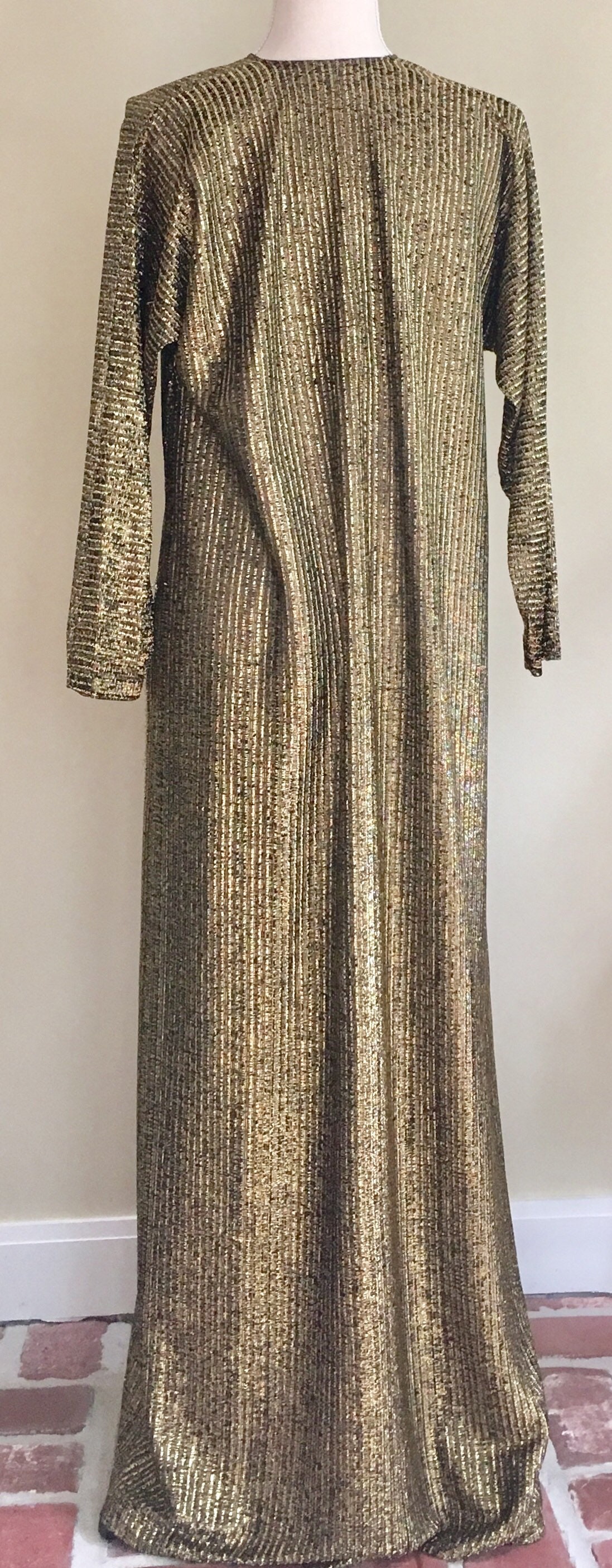 Halston IV Caftan Dress Kaftan Maxi Black and Gold Lurex Disco Glam Floor Length Collectible Vintage 70s Dorian